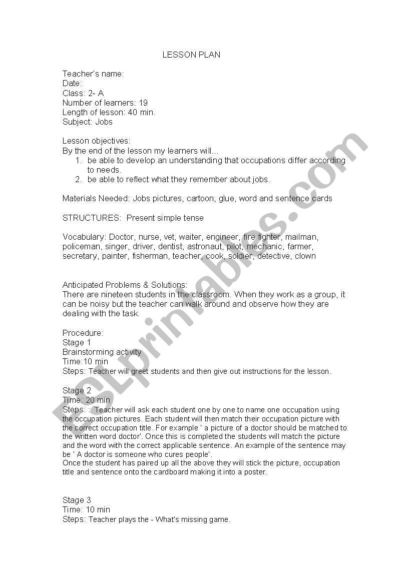 Lesson plan- jobs worksheet