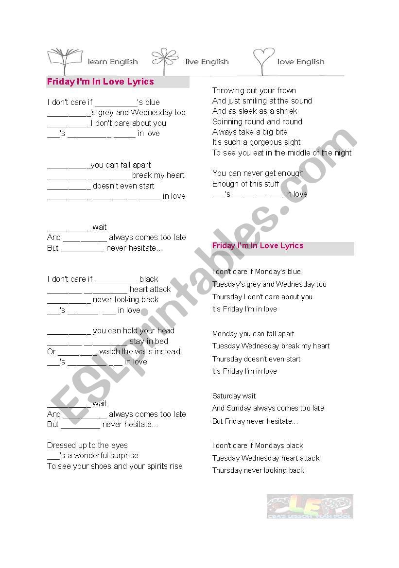 ITs FRIDAY IM IN LOVE worksheet