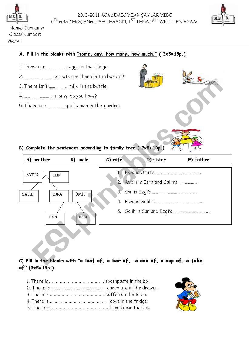 6th gredes exam worksheet
