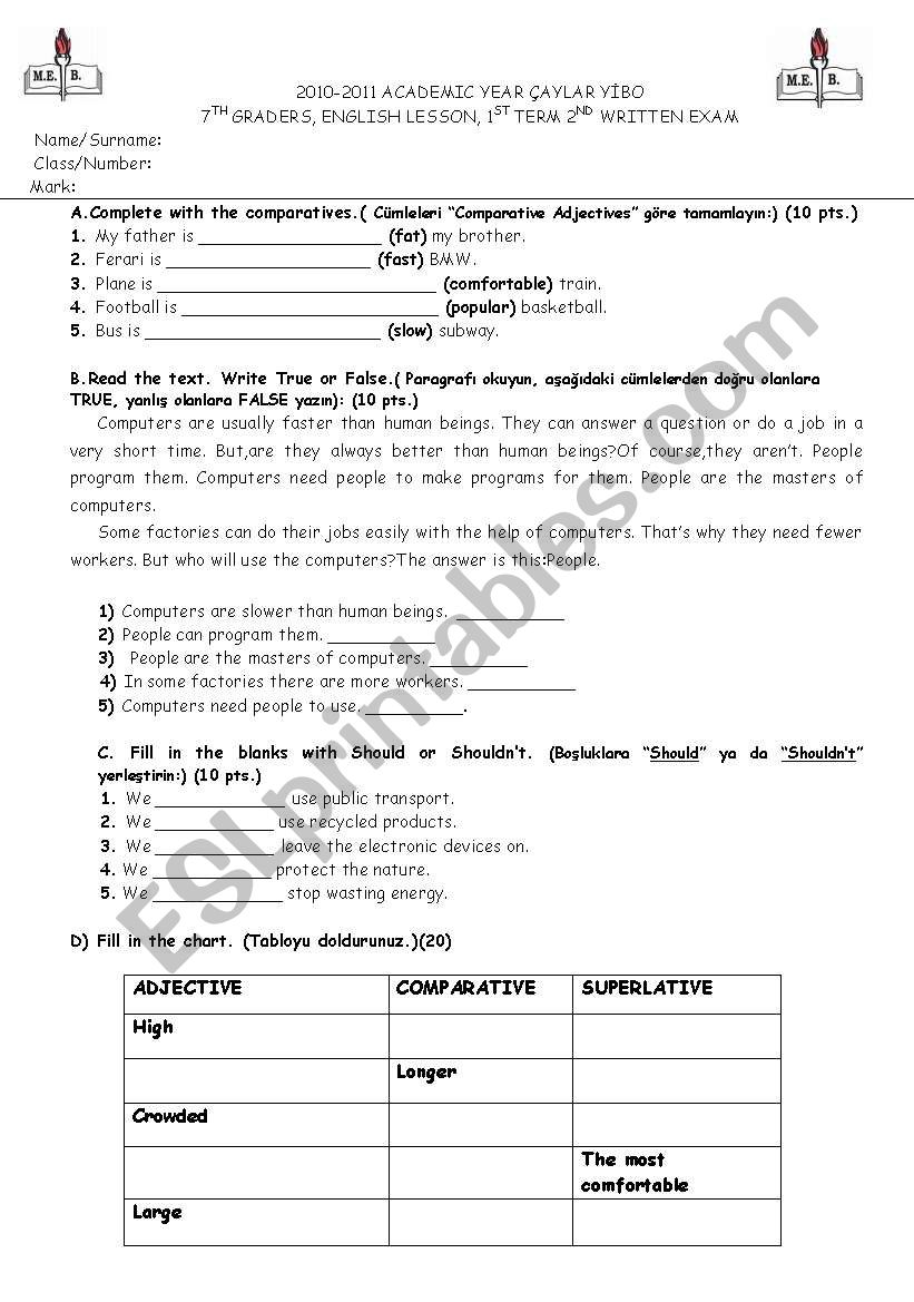 7th class exam worksheet