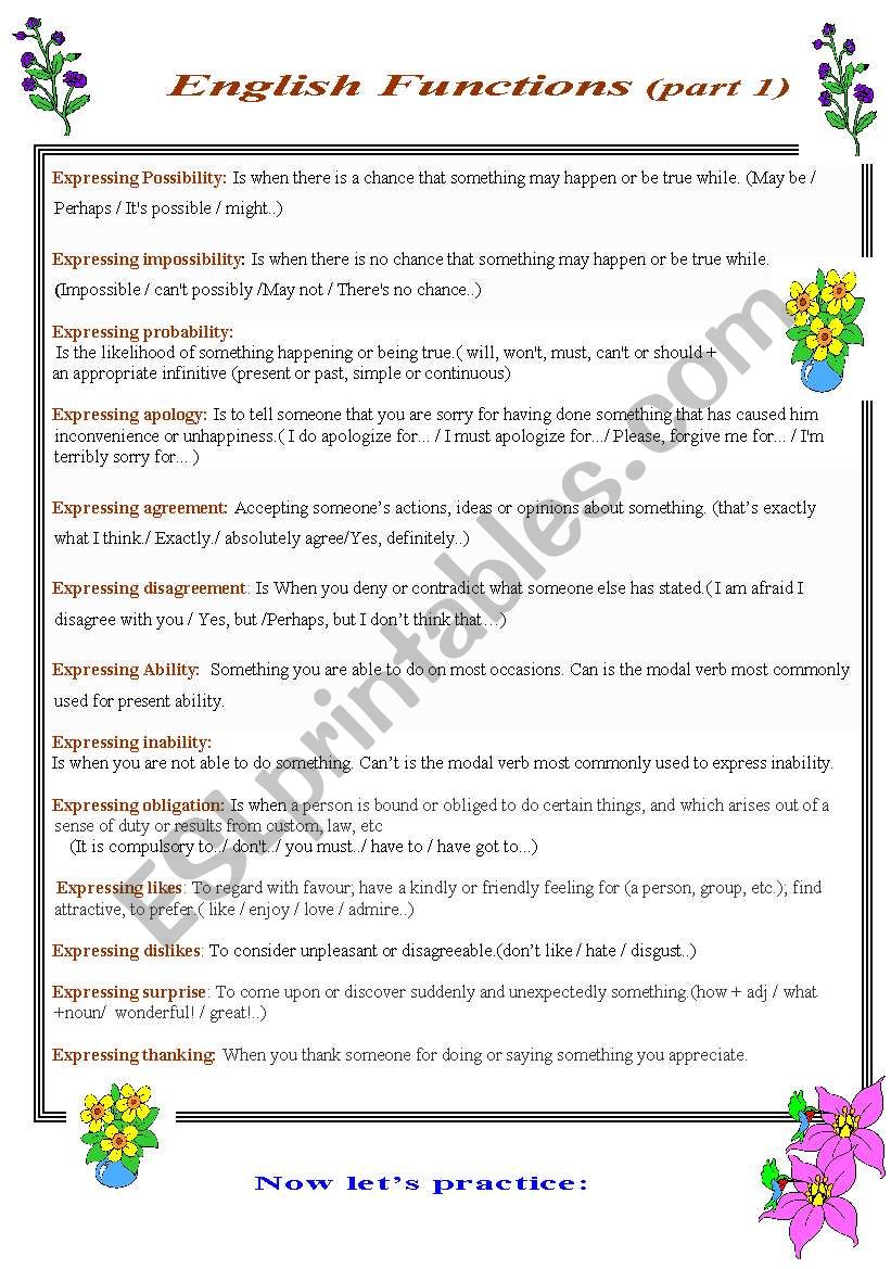 English Functions (part 1) worksheet