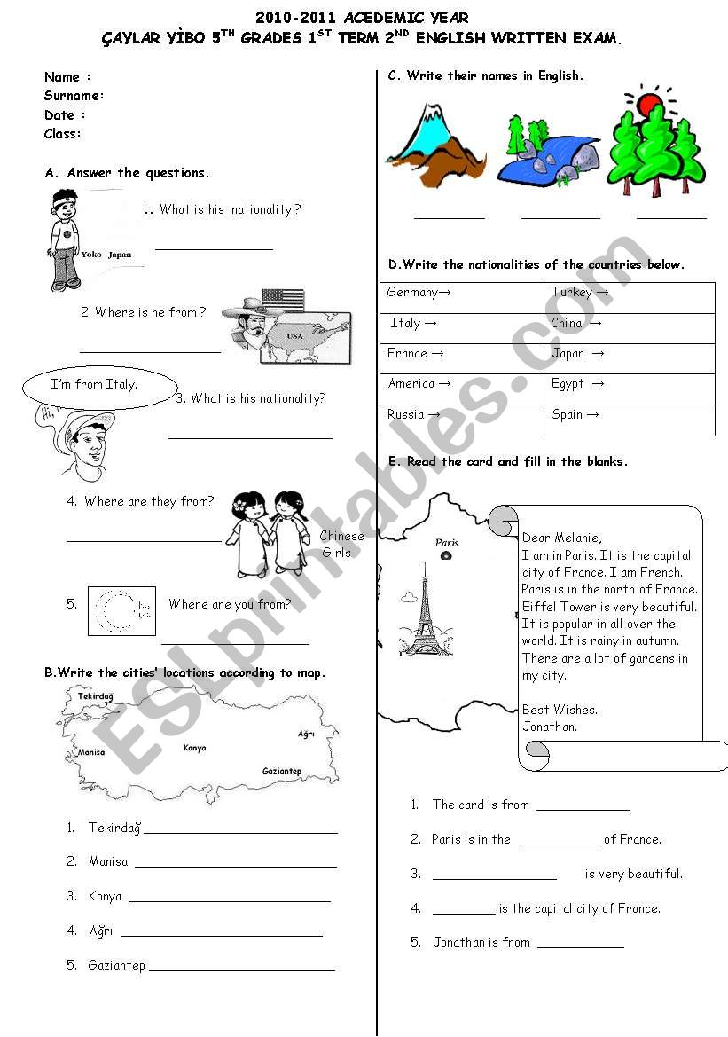 5th grades exam worksheet