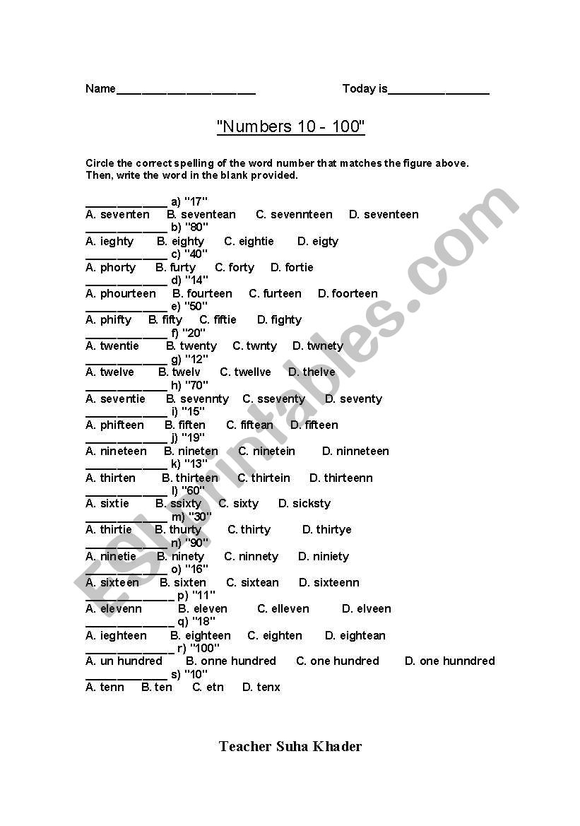 Numbers 10 - 100 Worksheet worksheet