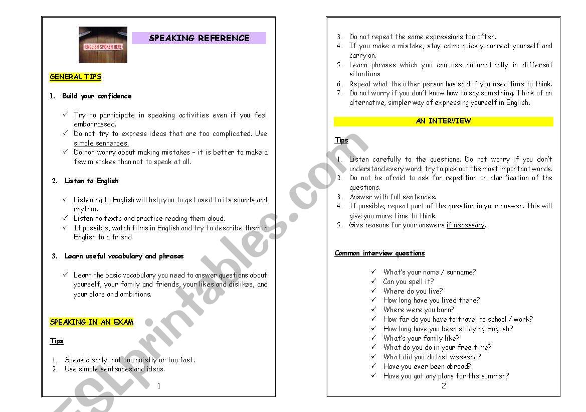 SPEAKING REFERENCE GUIDE worksheet