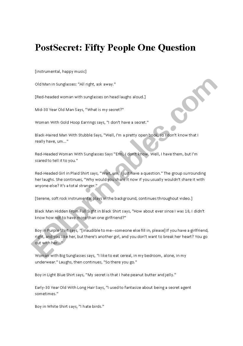 Fifty People One Question worksheet