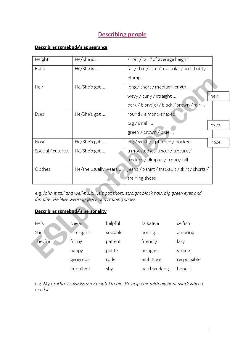 describing people worksheet