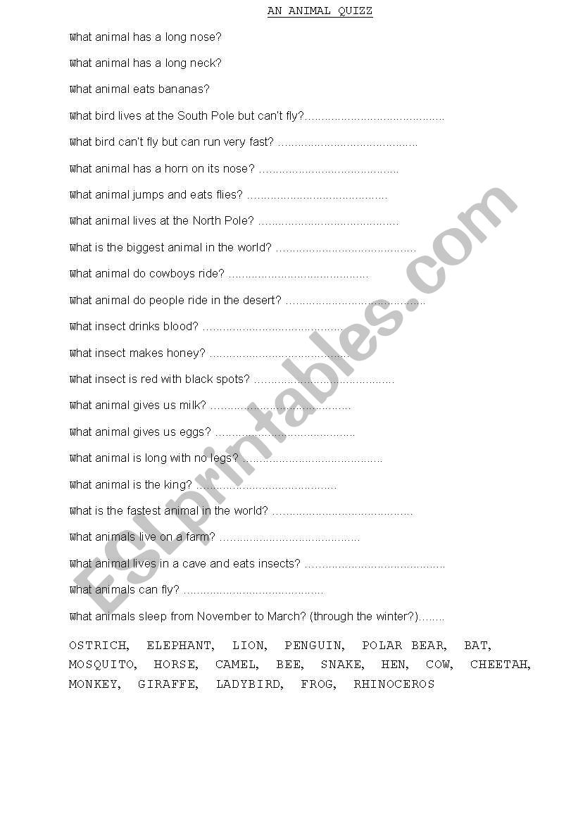 An animal quizz worksheet