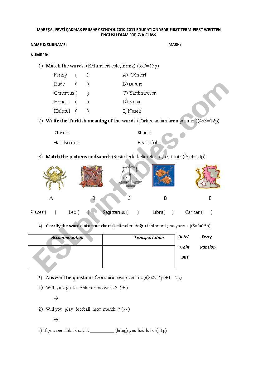 Exam worksheet