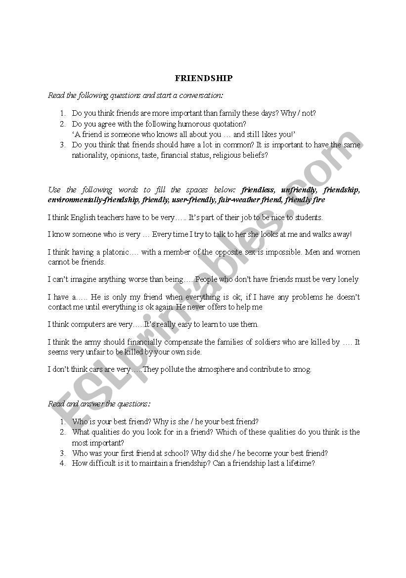Lets talk about friendship worksheet