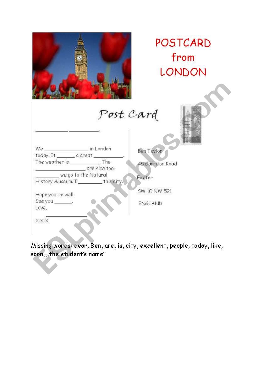 postcard worksheet