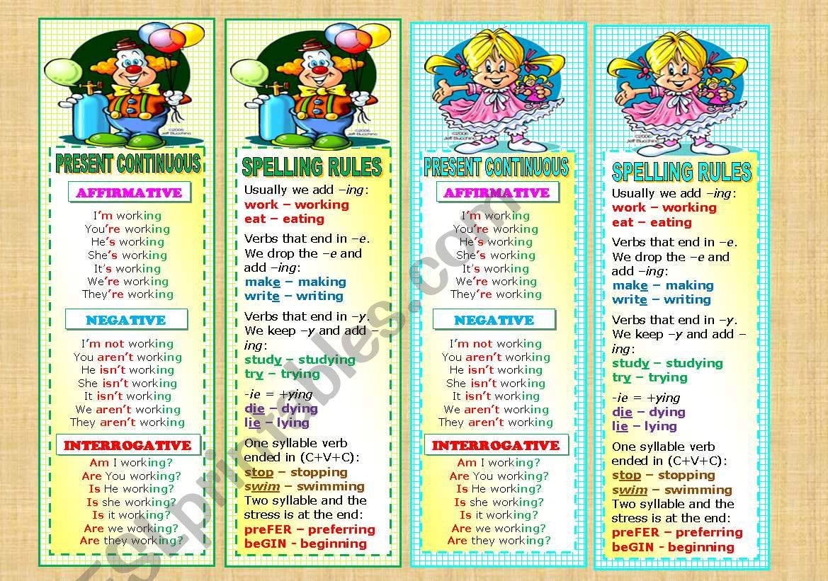 Bookmarks with Present Continuous and Spelling Rules - 2 pages