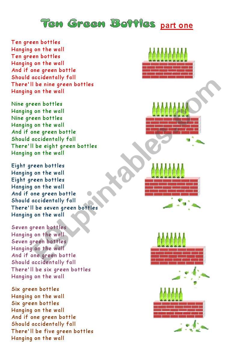 Ten green bottles (part 1/2) worksheet