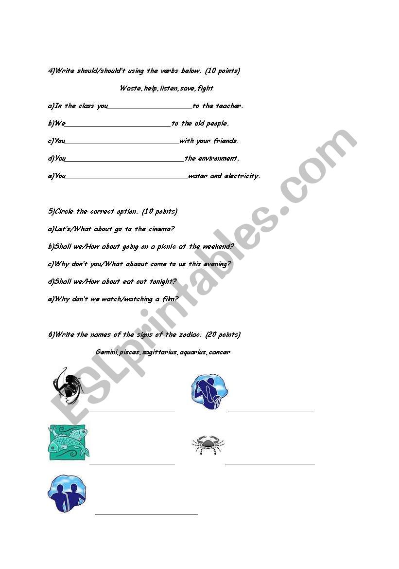 7th grade quiz paper worksheet