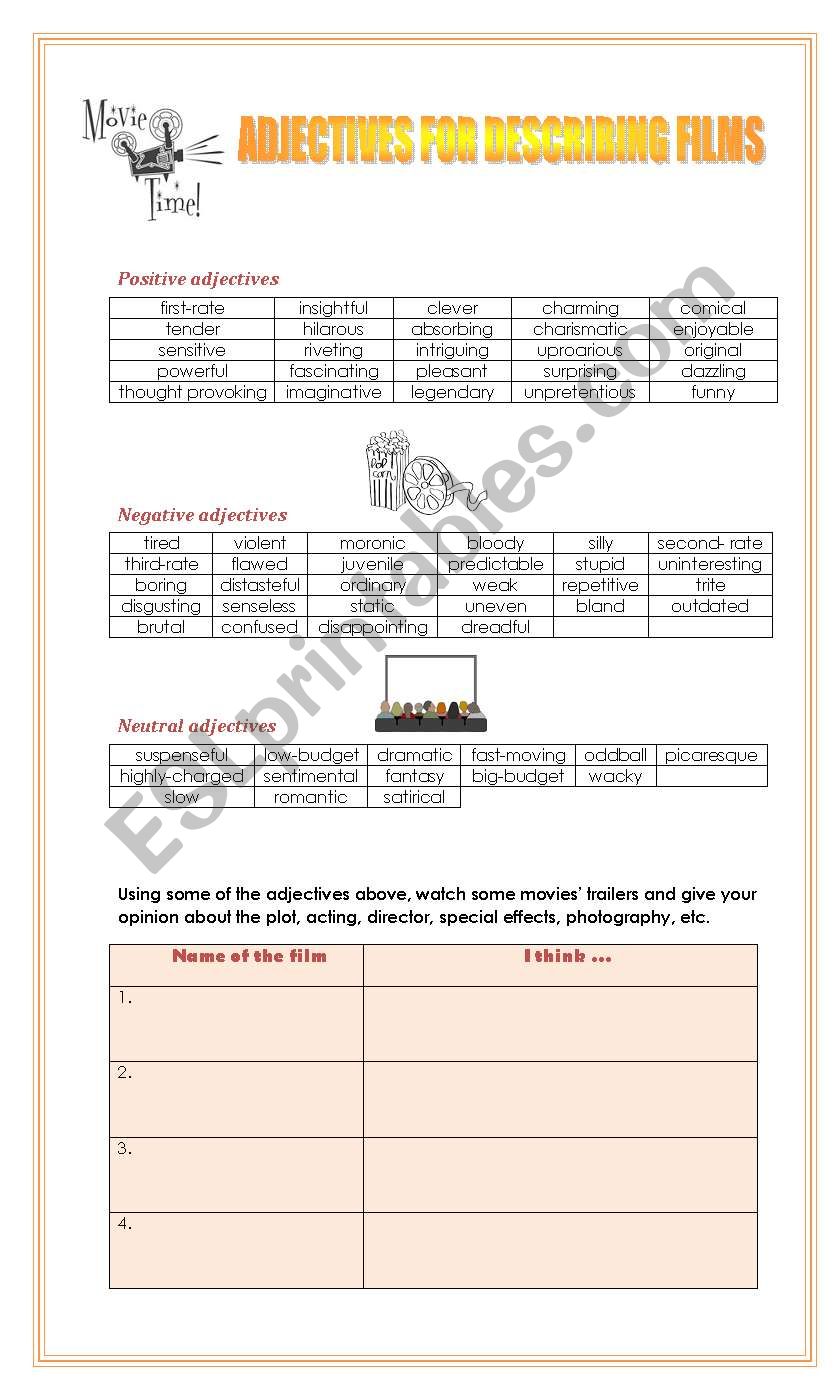 Adjectives to describe movies worksheet