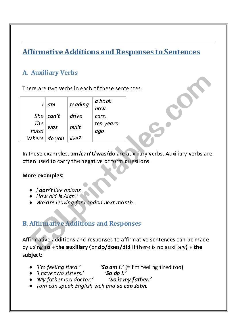 Affirmative Additions and Responses to Sentences