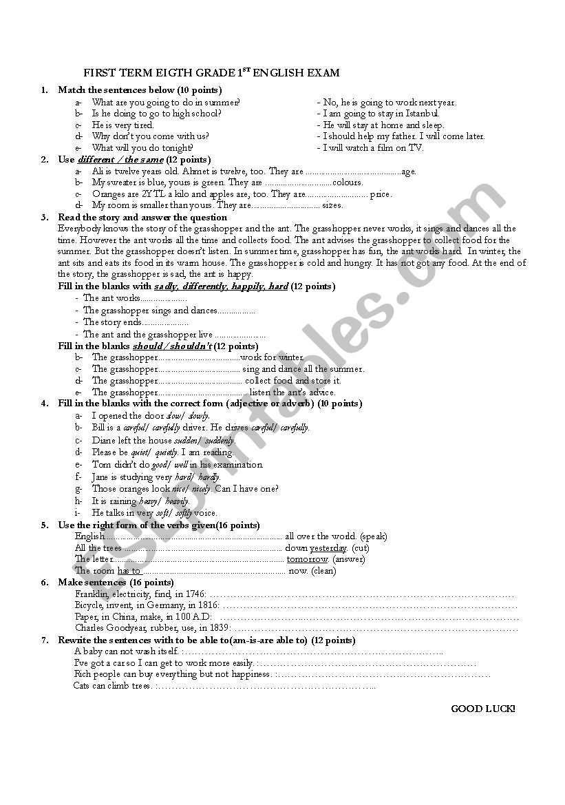 a sample exam for 8th grades worksheet