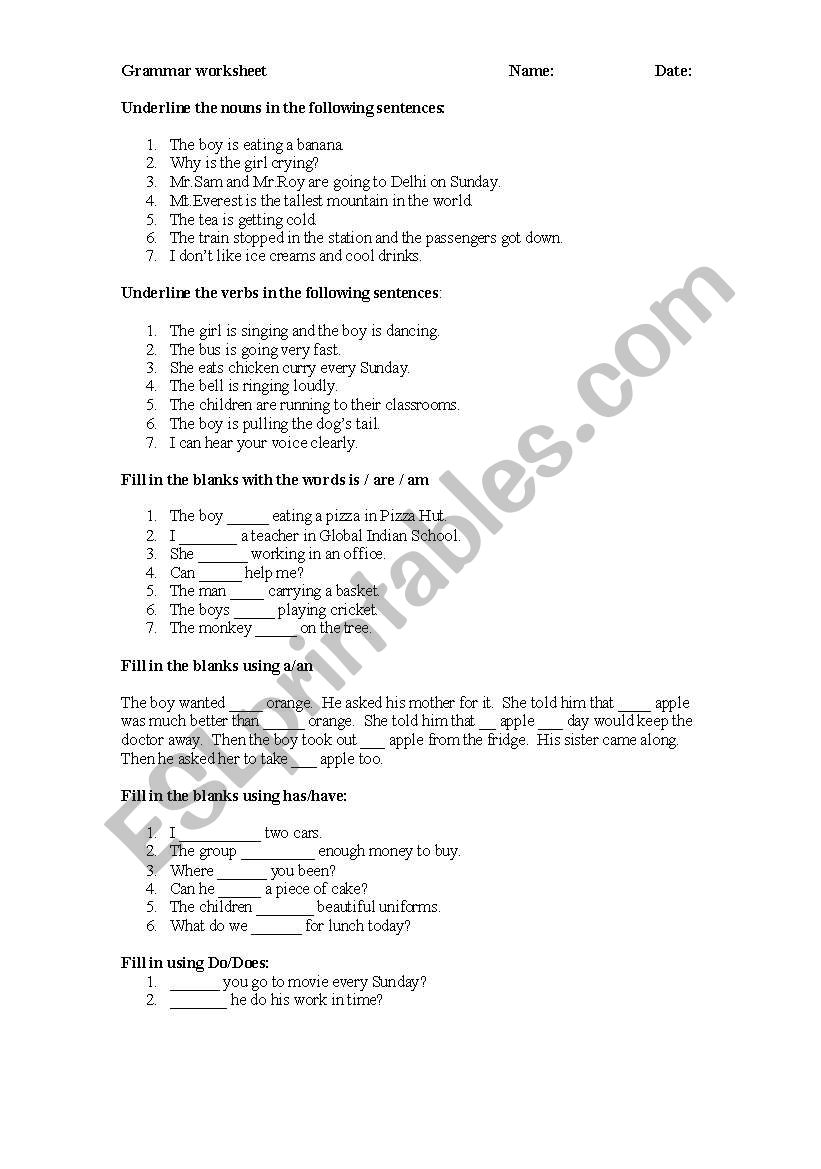Grammar worksheet  worksheet
