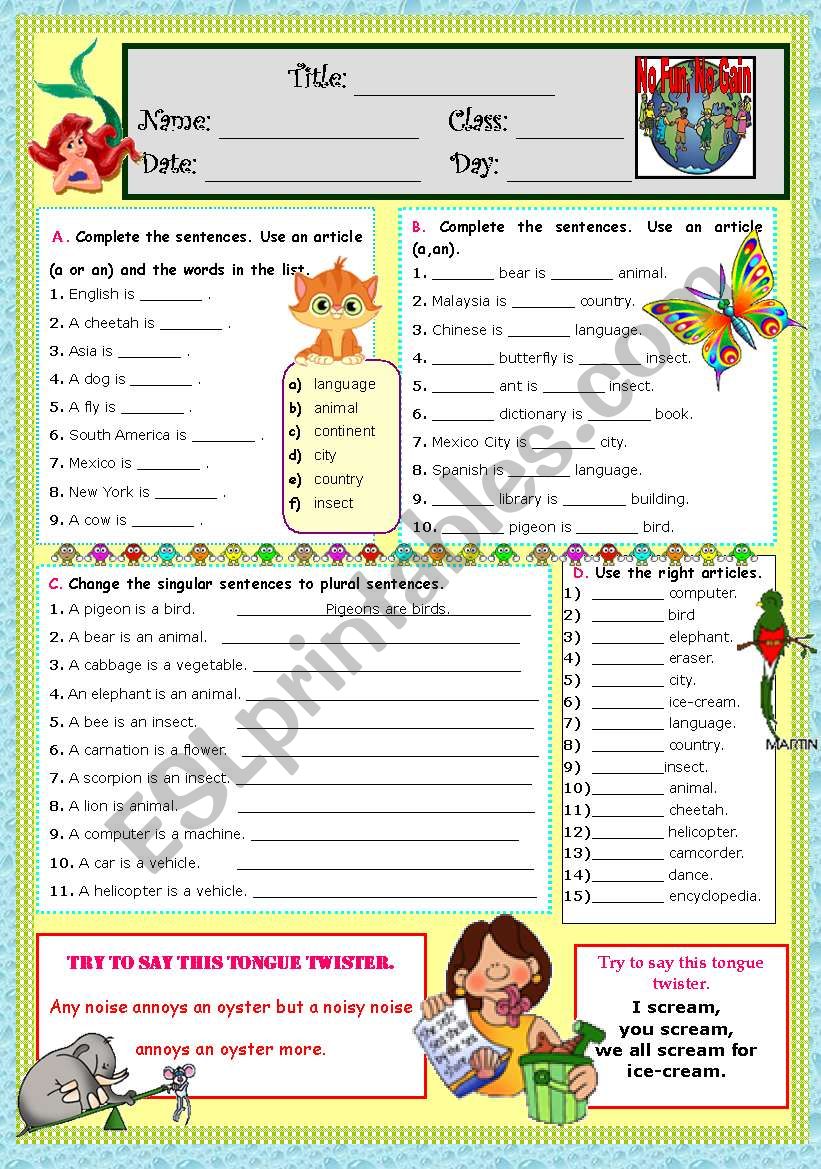 ARTICLES worksheet