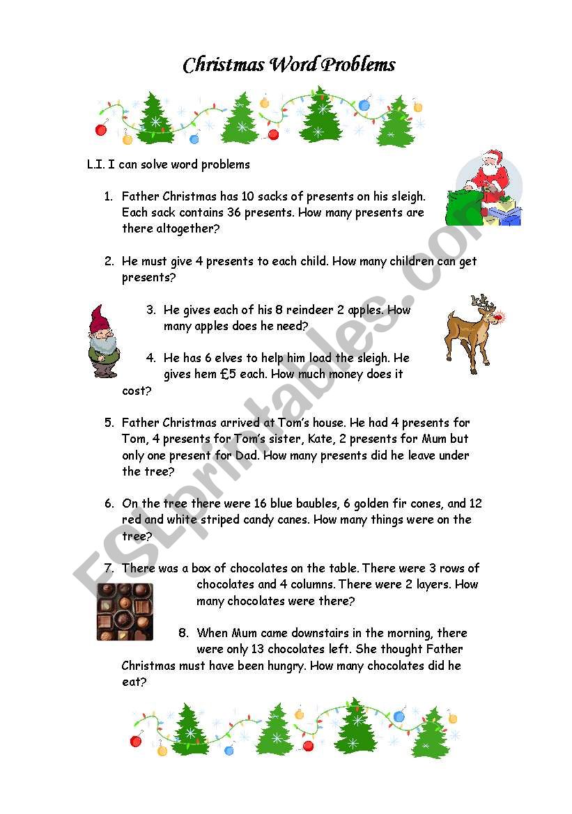 christmas word problems worksheet