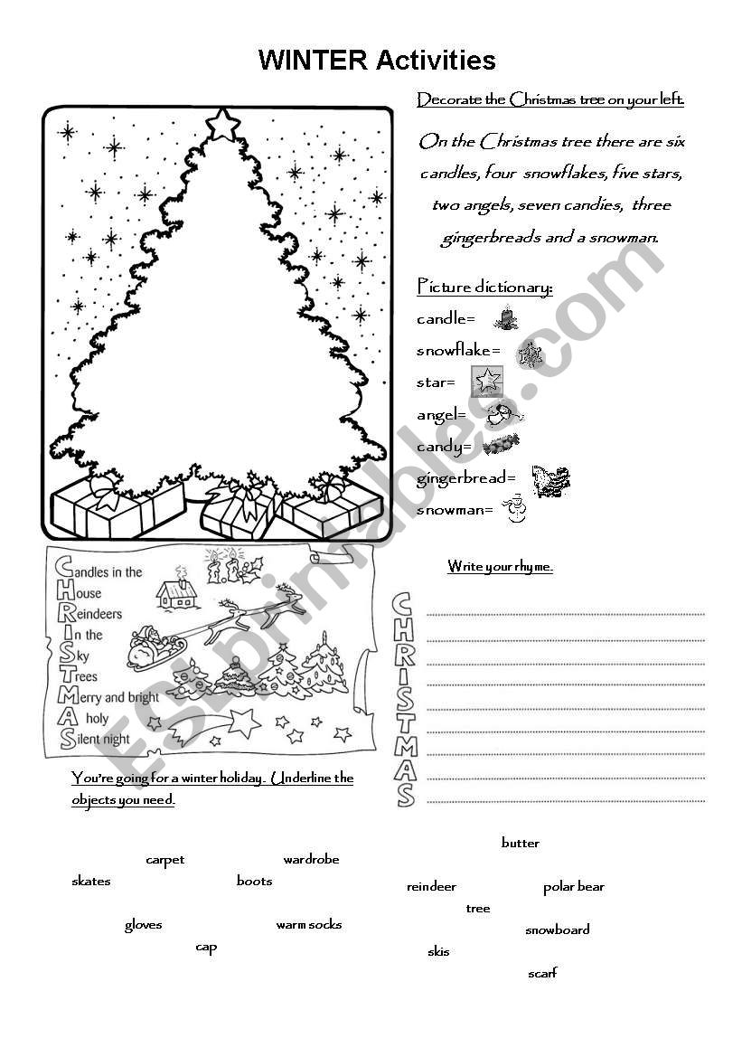 winter activities, christmaas worksheet