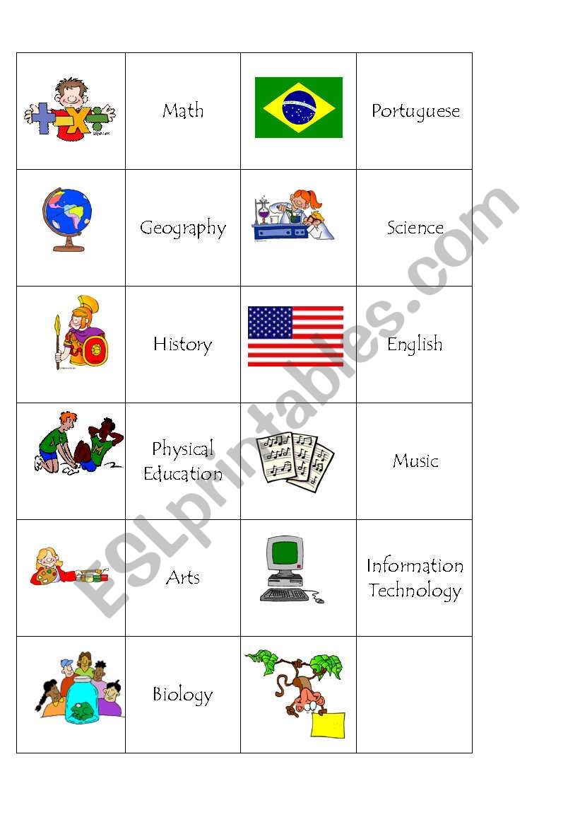 School Subjects Memory Game worksheet