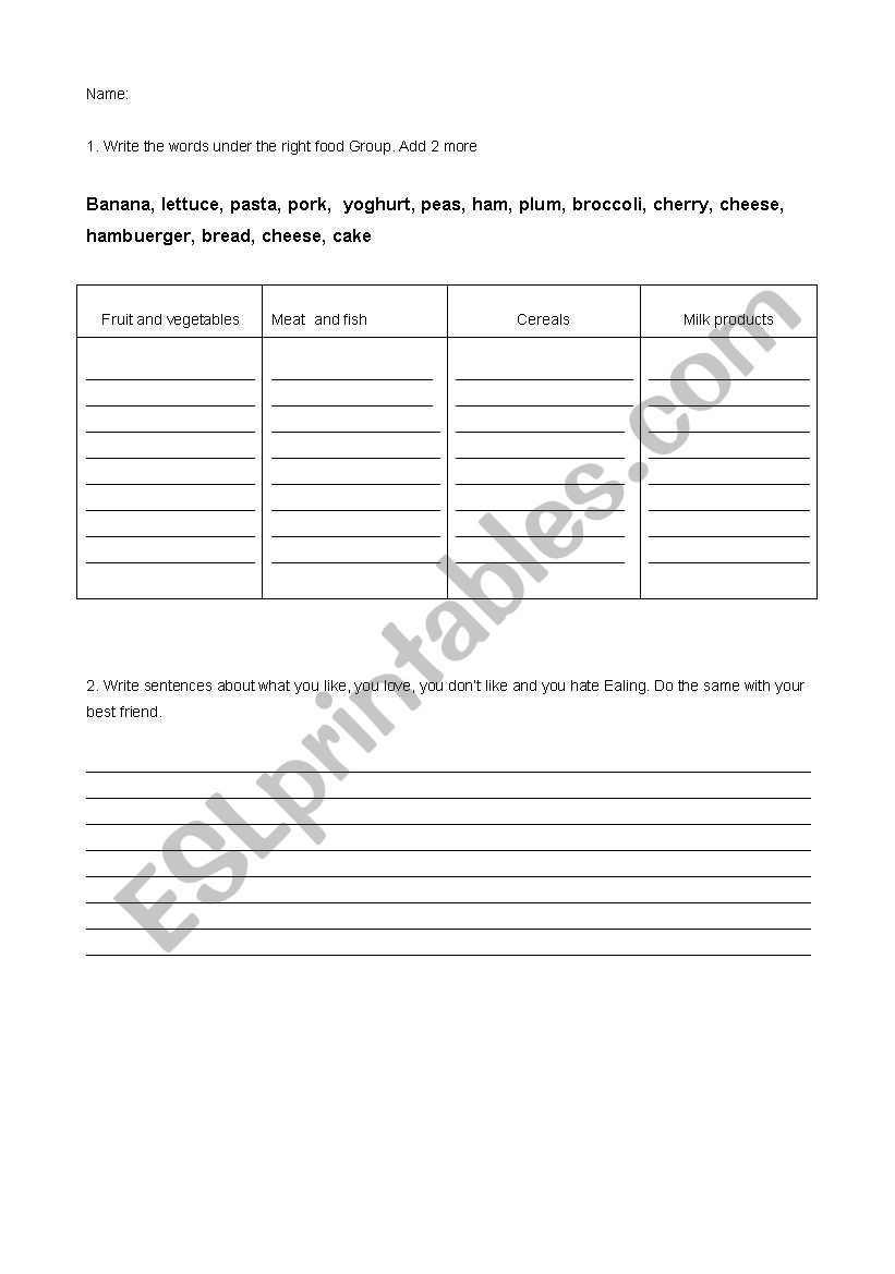 Food test worksheet