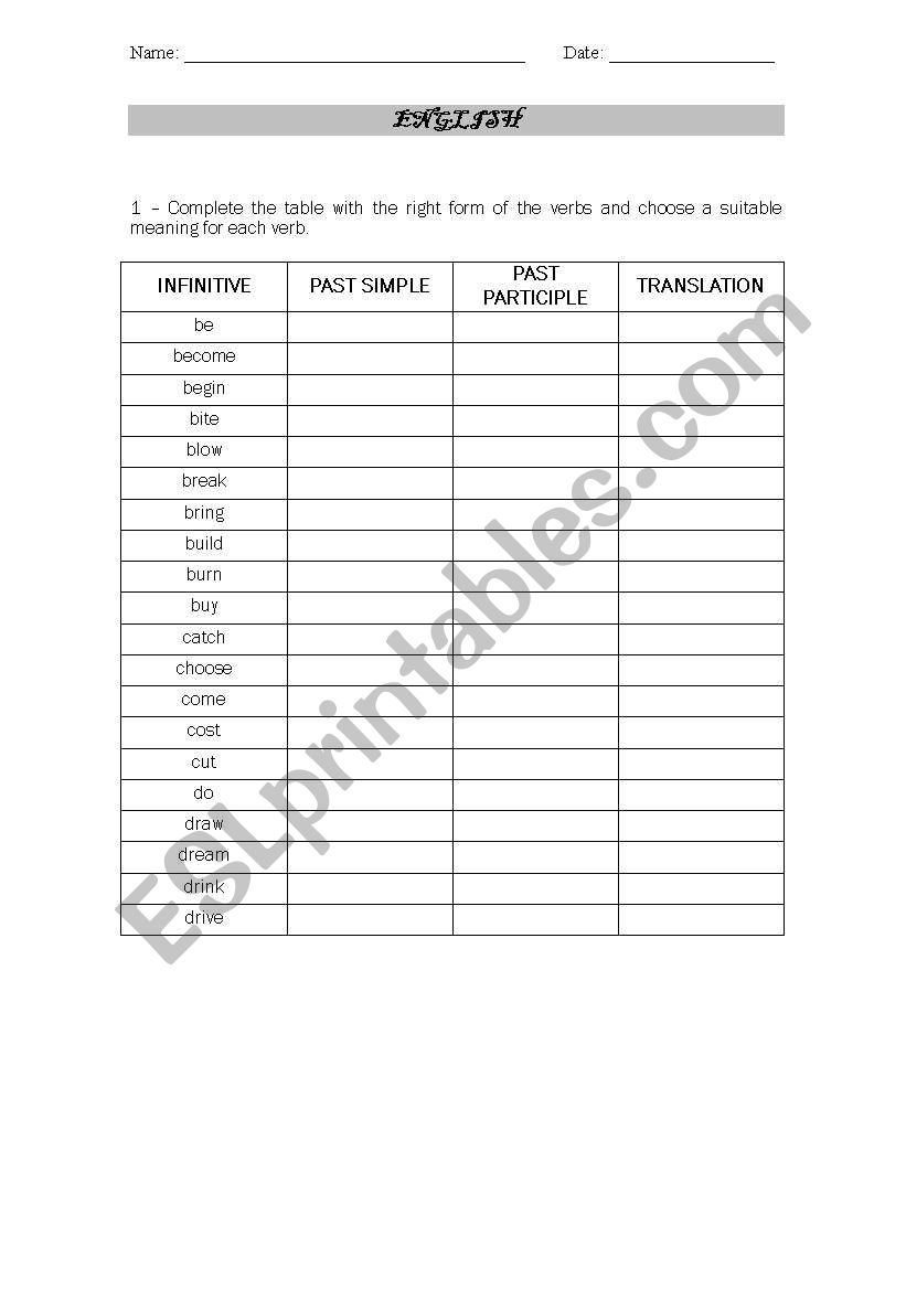 Past Perfect worksheet