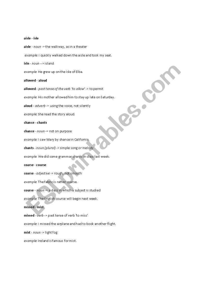 Homophones worksheet