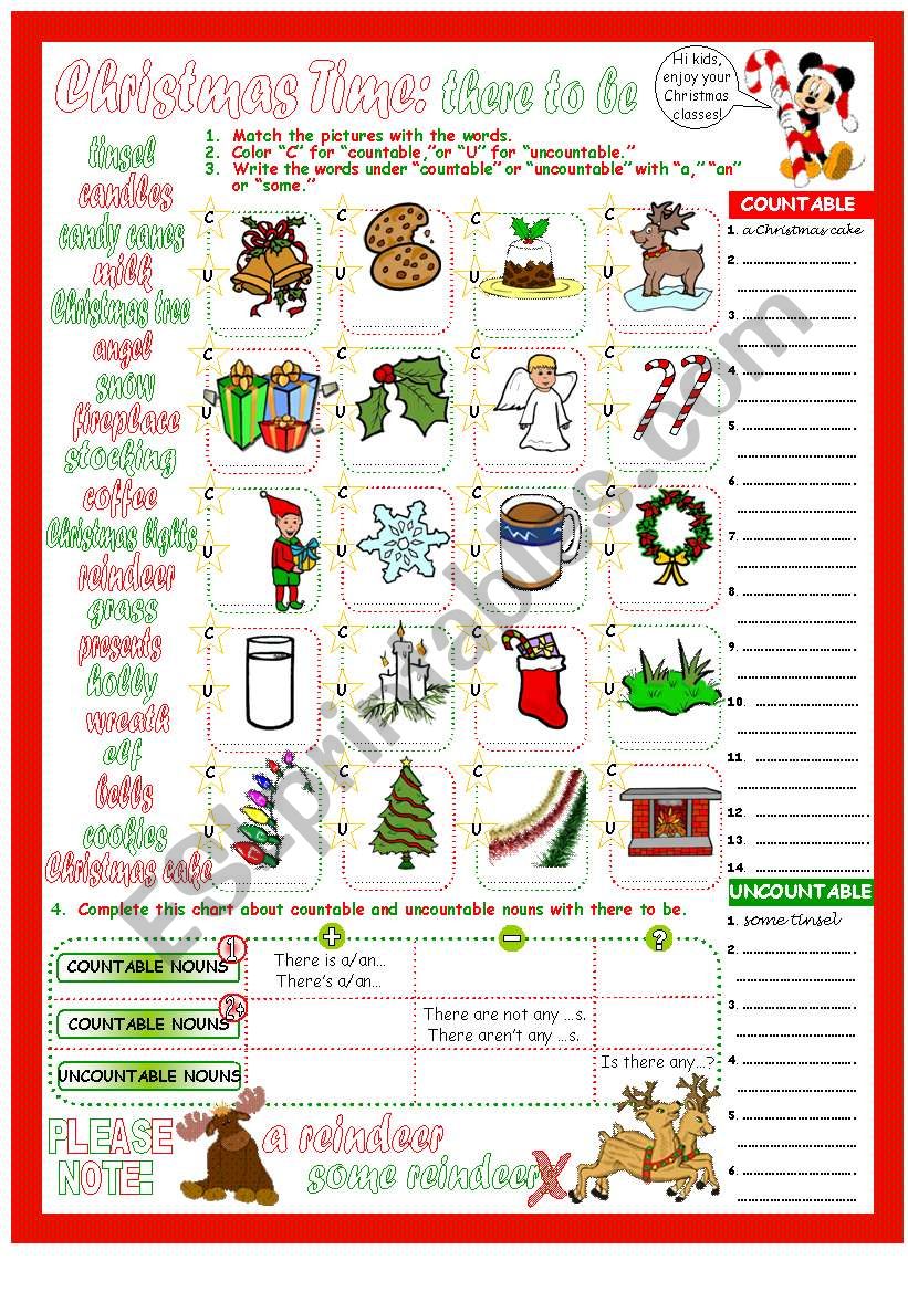 There to be Affirmative, Negative & Interrogative with Countable & Uncountable Nouns with Christmas Theme 2 Pages & Answer Key.