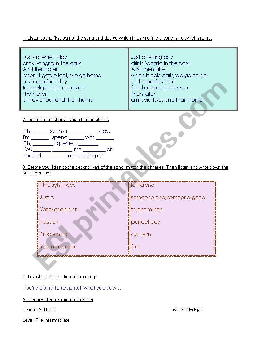 Perfect Day by Lou Reed worksheet