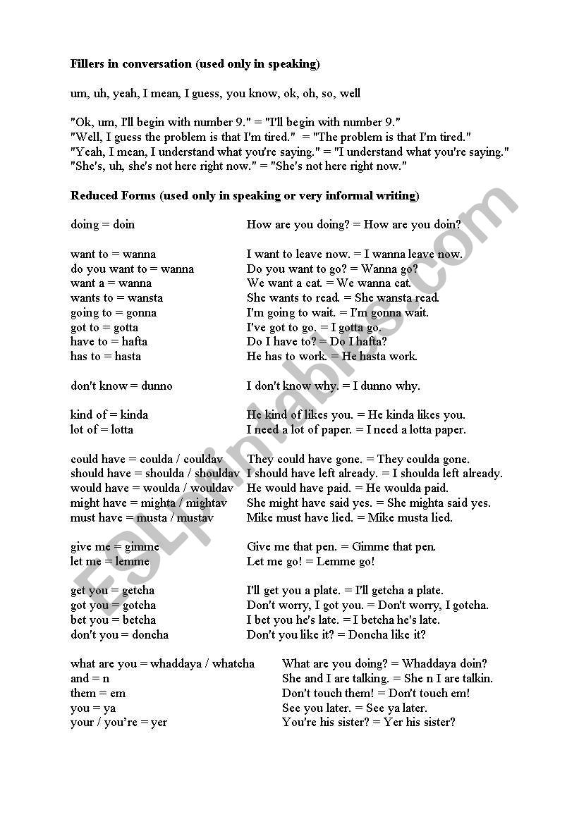 Conversation fillers worksheet