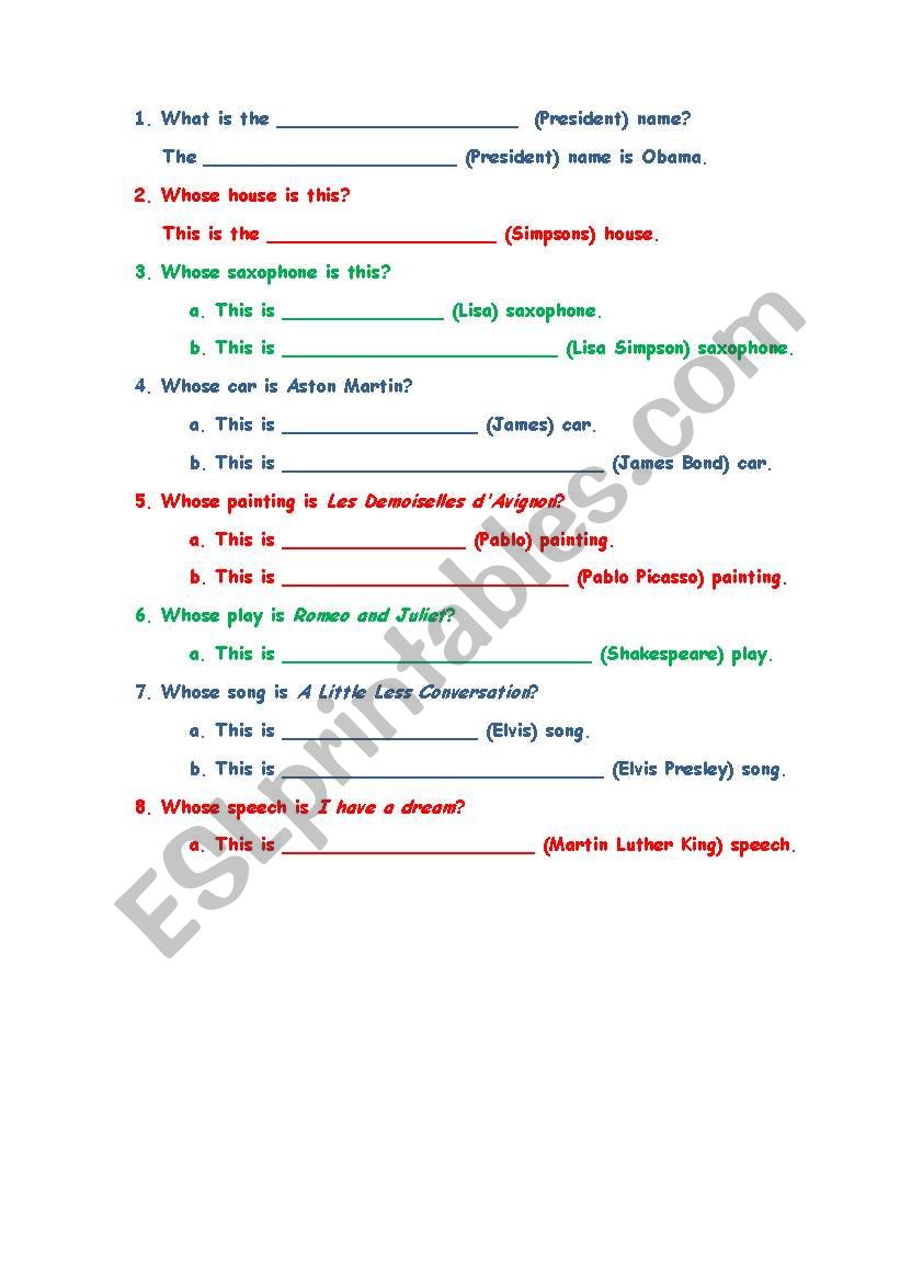 possessive s famous worksheet