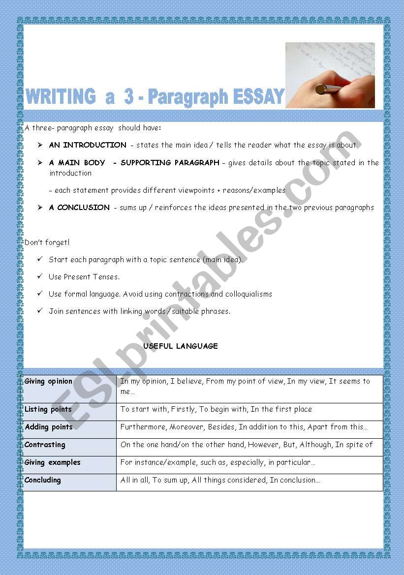 WRITING A 3 PARAGRAPH ESSAY ESL Worksheet By Teresapr