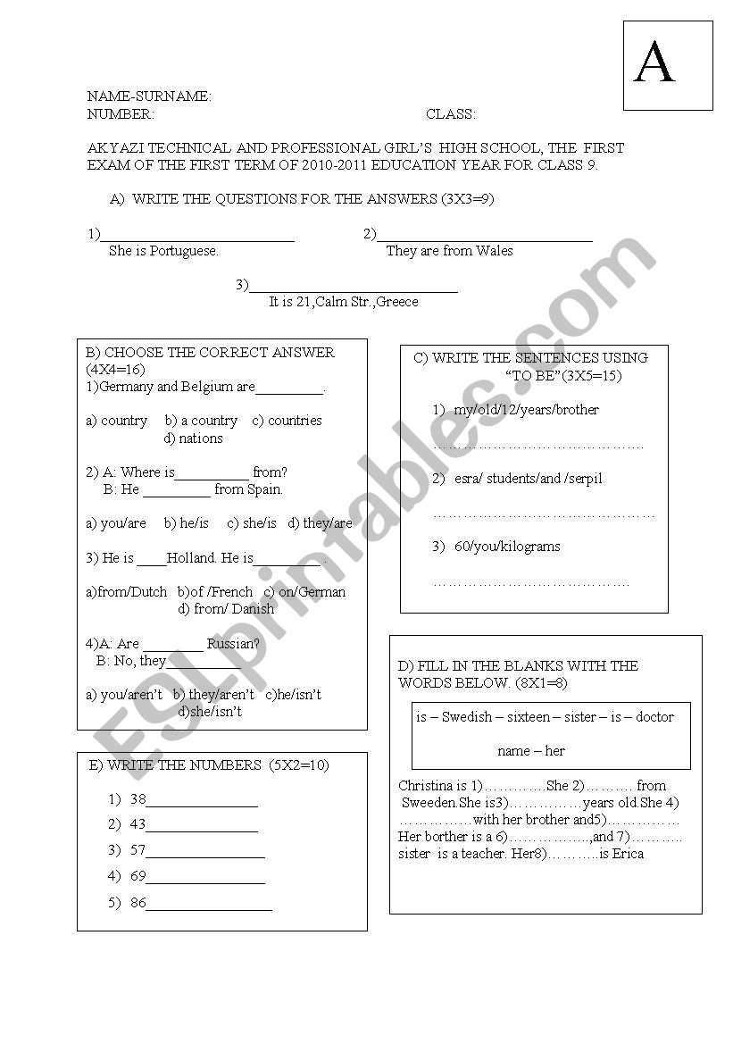 exam for grade9 worksheet