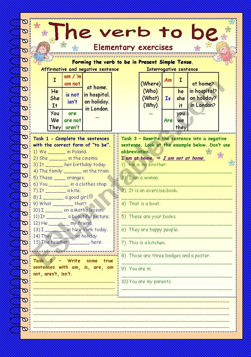 The verb to be in Present Simple Tense * 3 pages * 8 tasks * with key