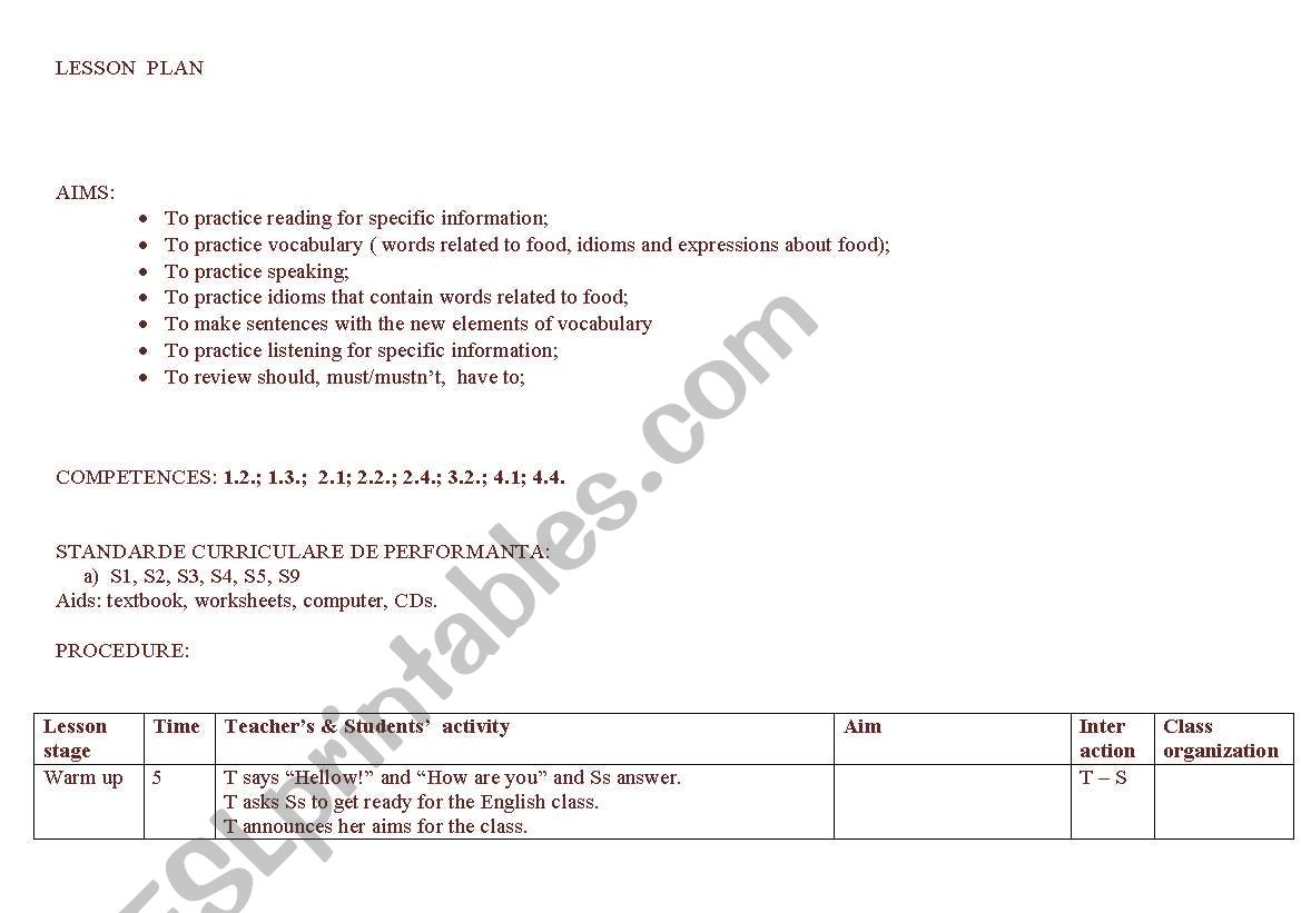 Food worksheet