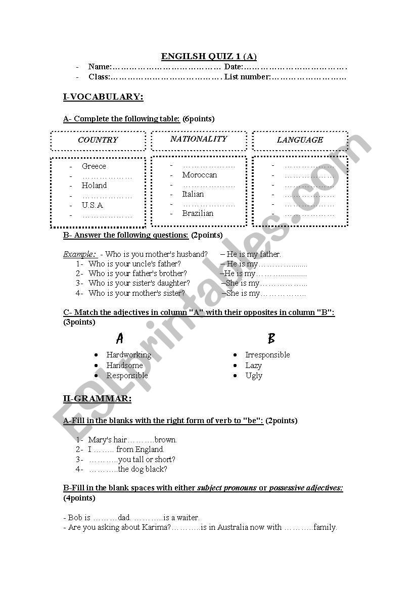 Quiz worksheet