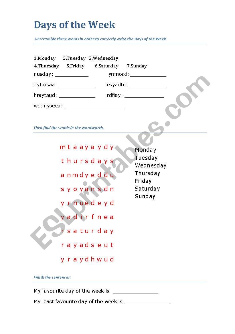 Days of the week worksheet