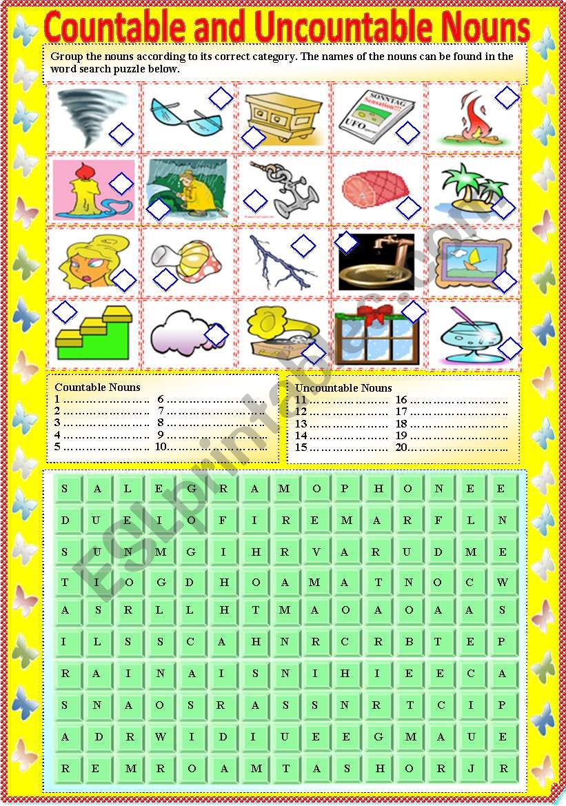 Countable and Uncountable Nouns (with B/W version and answer key) 