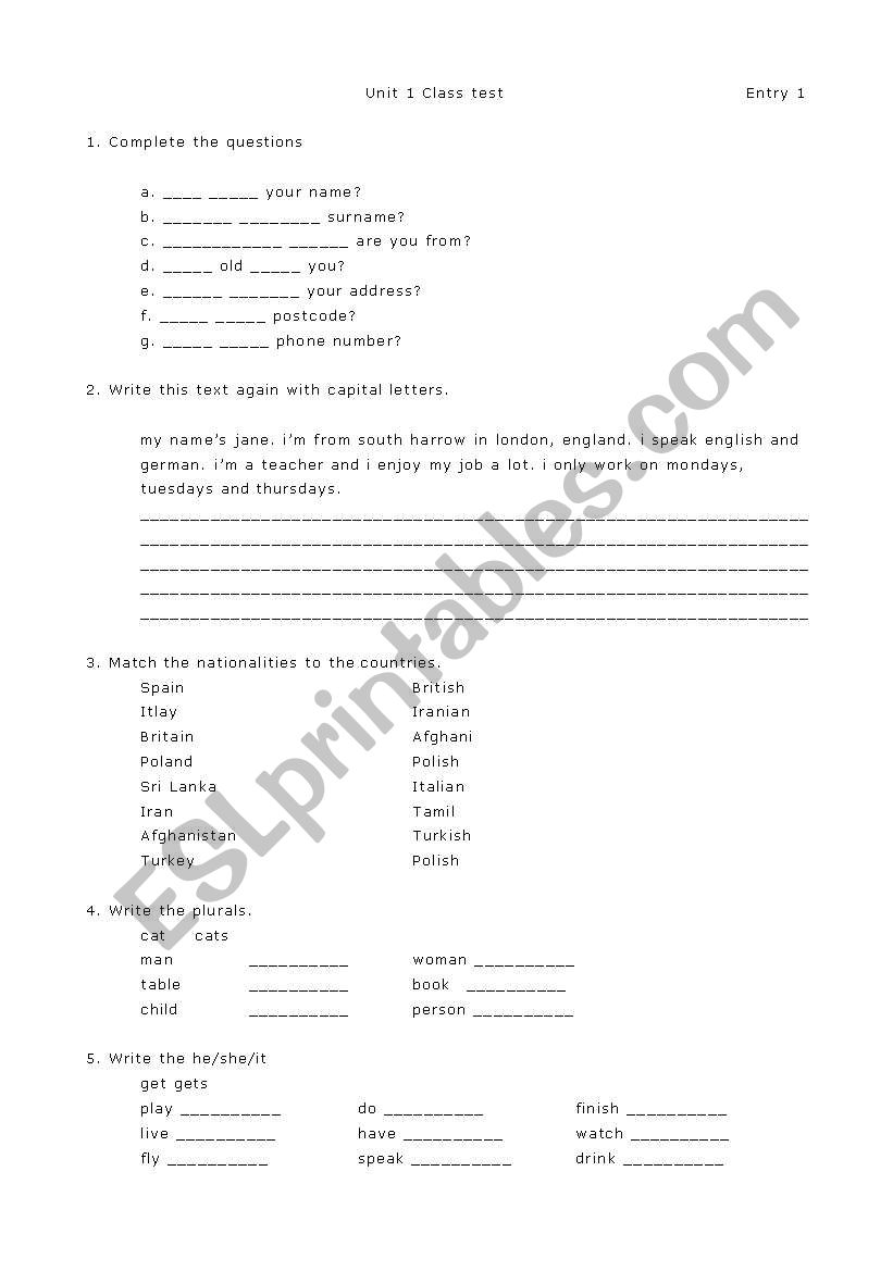 Sfl Class test worksheet