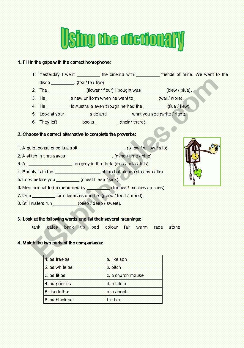 Using the dictionary worksheet