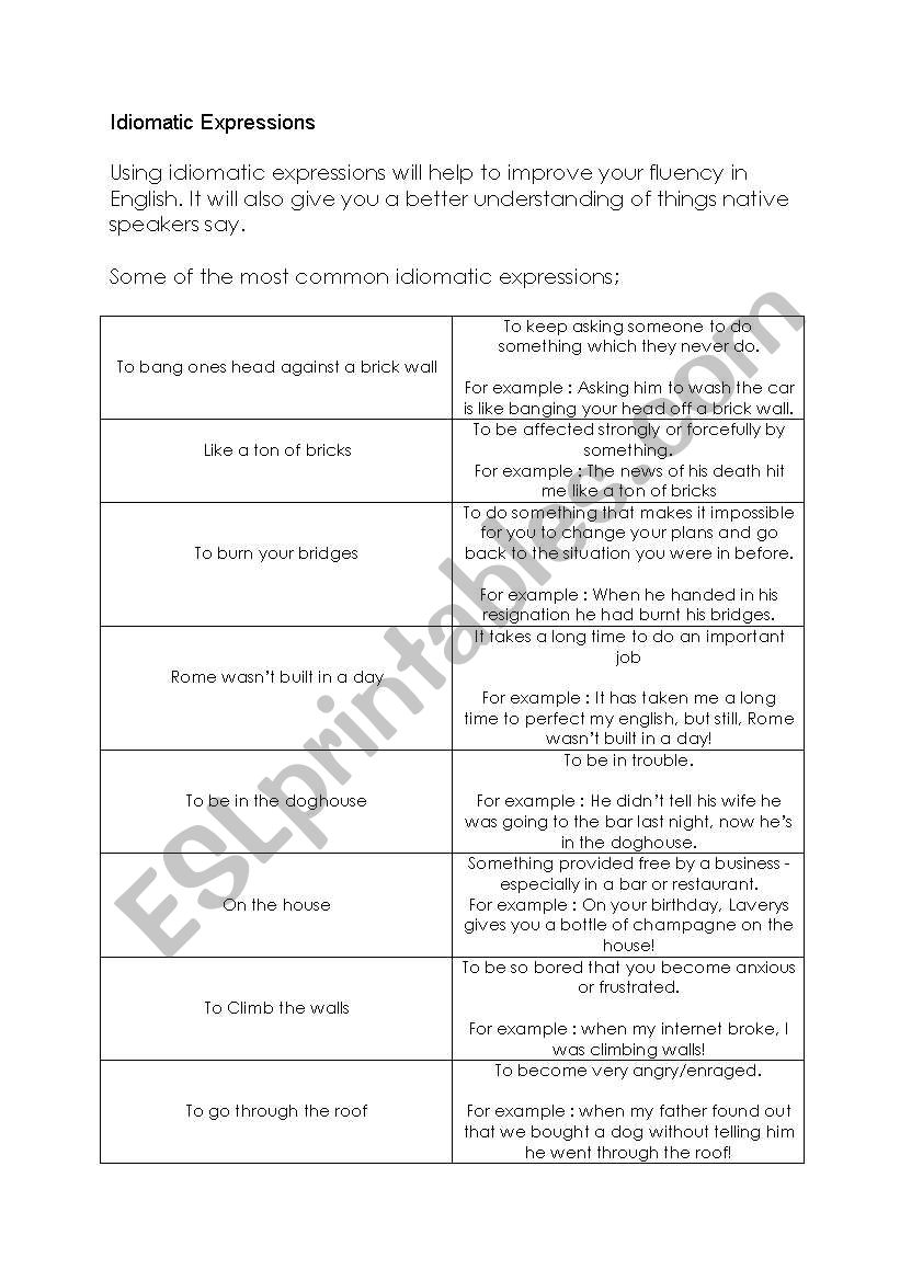 Idiomatic Expressions worksheet