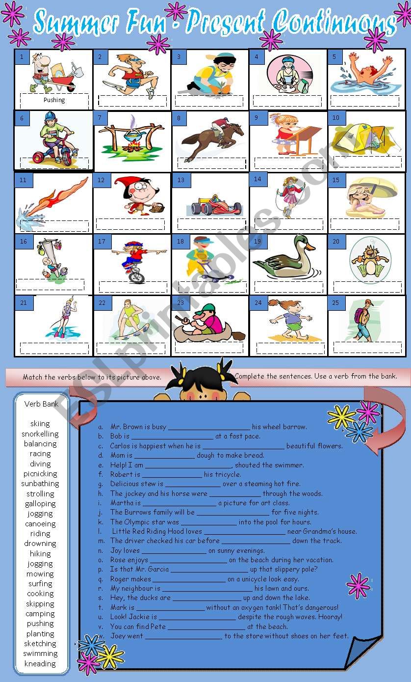 Summer Fun - Present Continuous Verbs - Picture Match & Sentence Completion