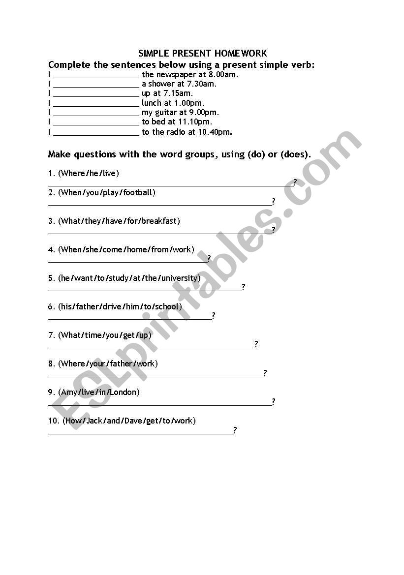 present simple homework worksheet