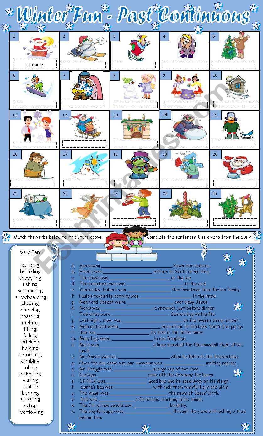 Winter Fun - Past Continuous - Picture Match & Sentence Completion