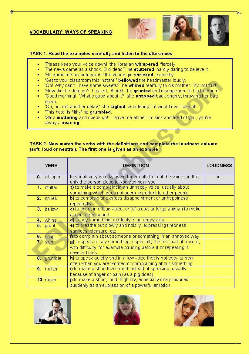 Vocabulary:ways of speaking worksheet