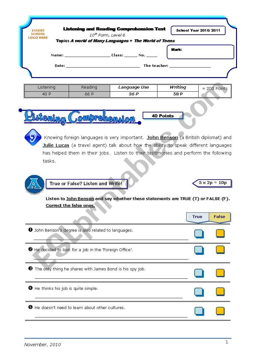 Test (listening and reading comprehension) - A World of Many Languages/ The World of Teens+correction