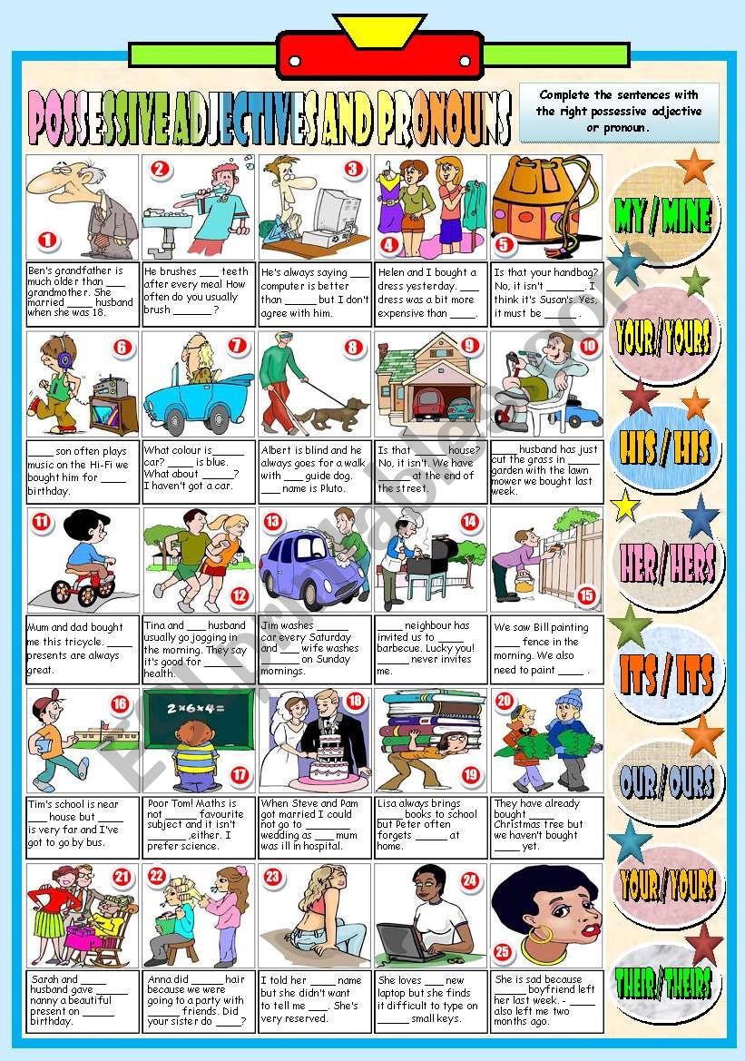 POSSESSIVE ADJECTIVES AND PRONOUNS (B&W VERSION+KEY INCLUDED)