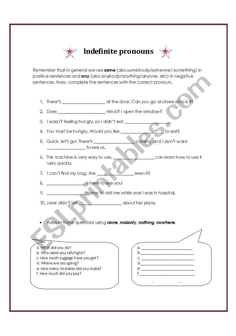 Indefinite Pronouns worksheet