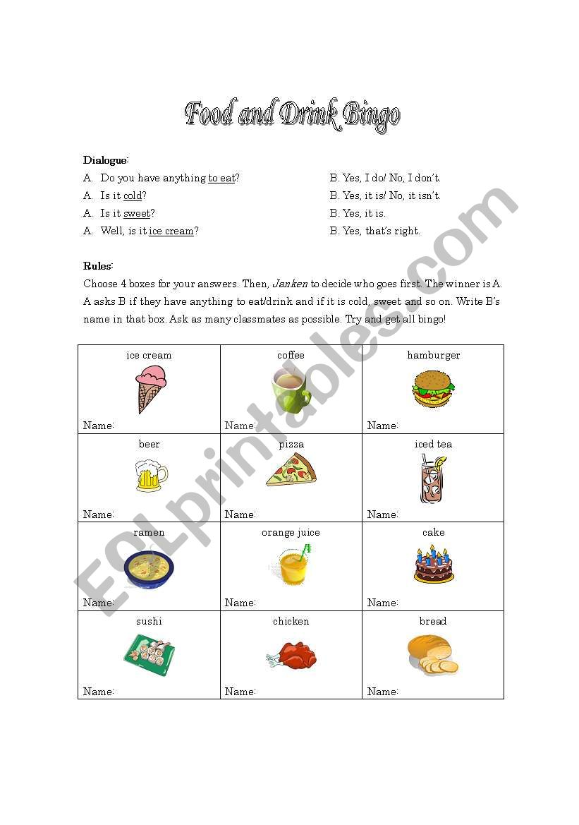 Food and Drink Bingo worksheet